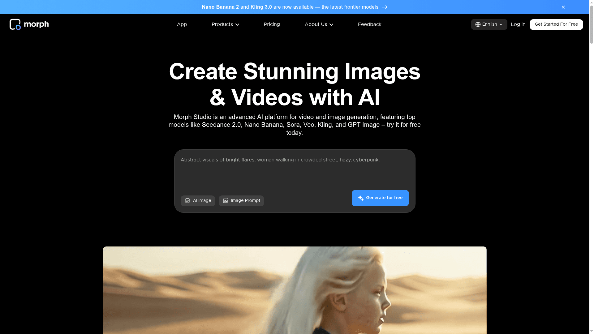 Interface Morph Studio, Crie Imagens e Vídeos Incríveis com IA, exibindo funcionalidades