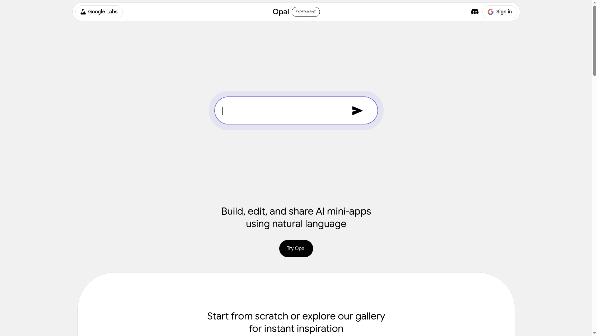 Interface Opal, Crie Mini-Apps de IA com Facilidade, exibindo funcionalidades