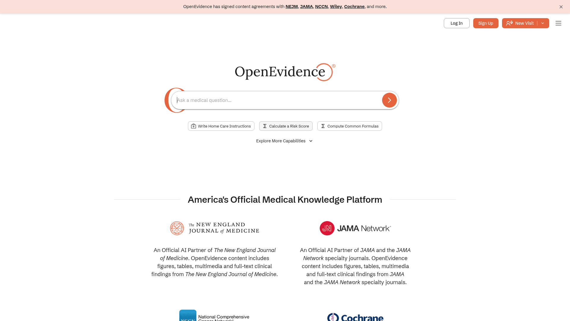 Interface OpenEvidence, Plataforma Oficial de Conhecimento Médico da América, exibindo funcionalidades
