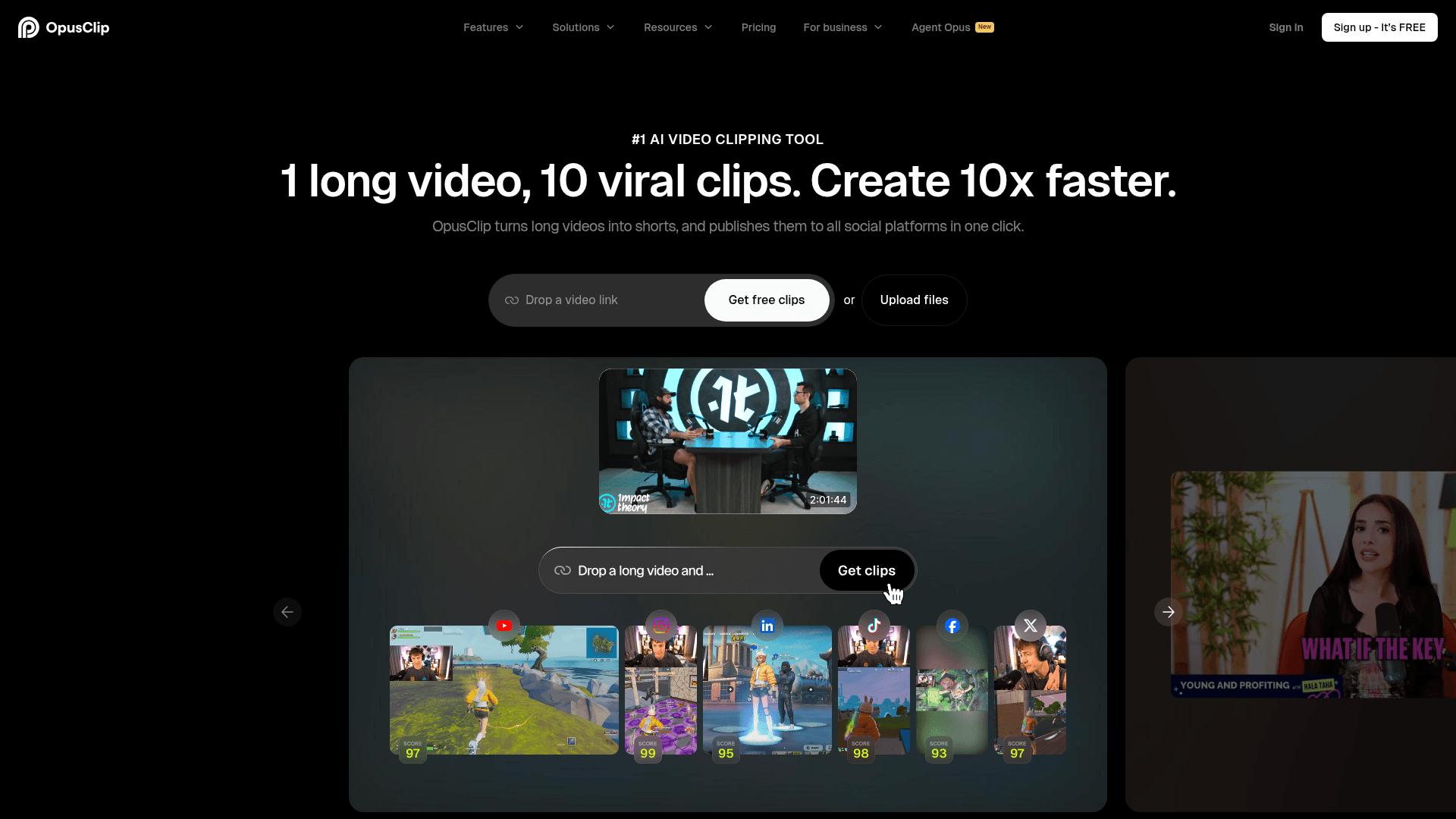Interface OpusClip, Edição de Vídeos Curta e Instantânea com IA, exibindo funcionalidades