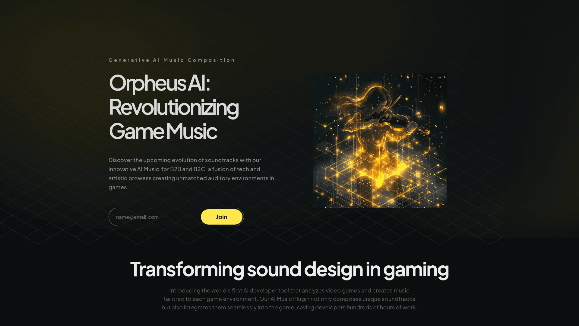 Interface Orpheus AI, Música com IA para Jogos e Filmes, exibindo funcionalidades