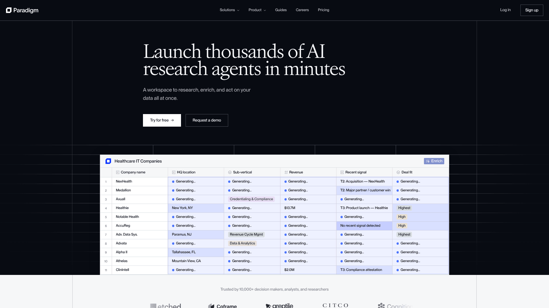 Interface Paradigm AI, Agentes de Pesquisa de IA para Análise de Dados, exibindo funcionalidades