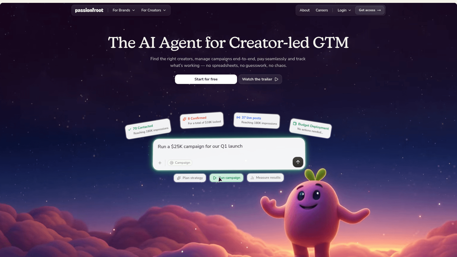 Interface Passionfroot, Agente de IA para Marketing de Criadores em Escala, exibindo funcionalidades