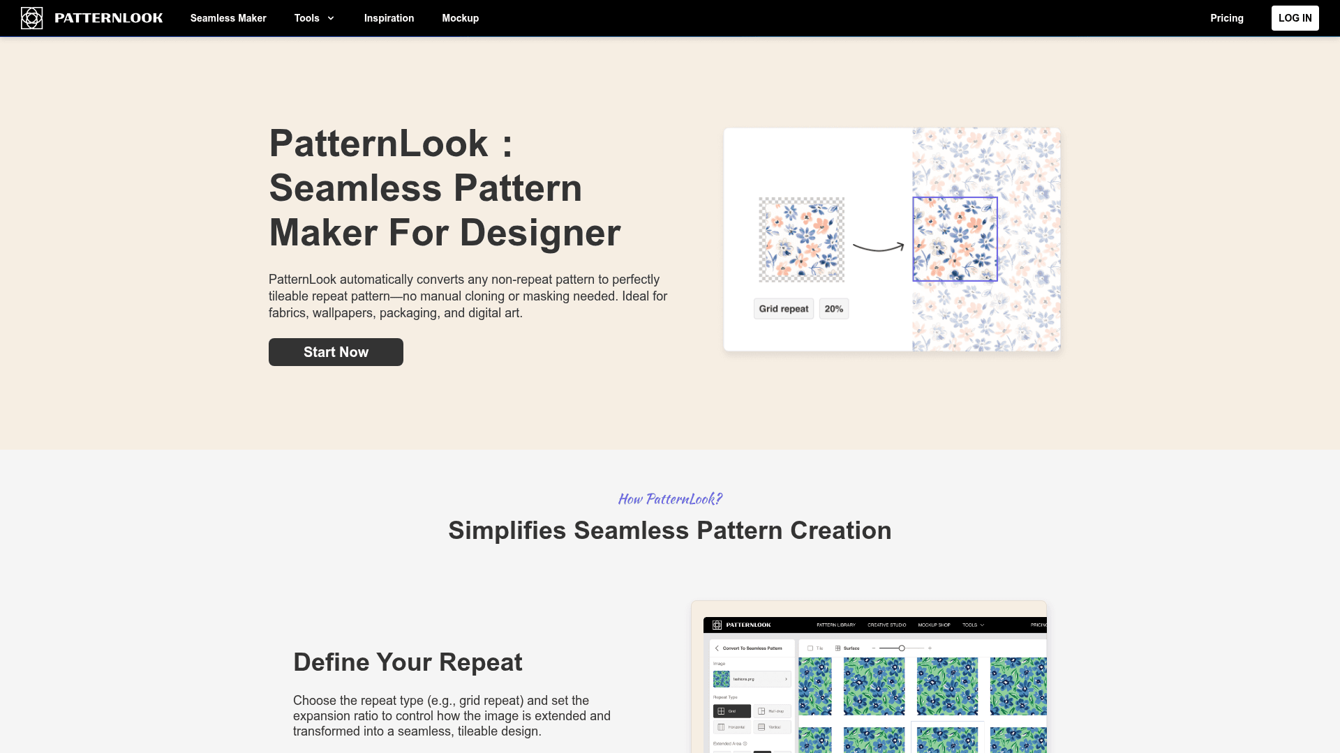 Interface PatternLook, Crie Padrões Seamless com IA para Têxteis, exibindo funcionalidades
