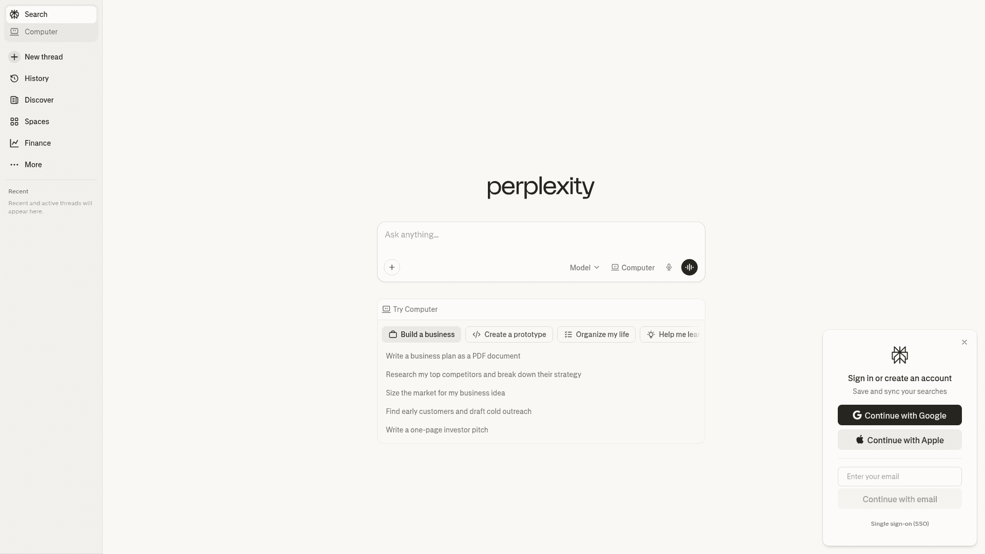 Interface Perplexity AI, Seu Copiloto de Pesquisa Inteligente, exibindo funcionalidades