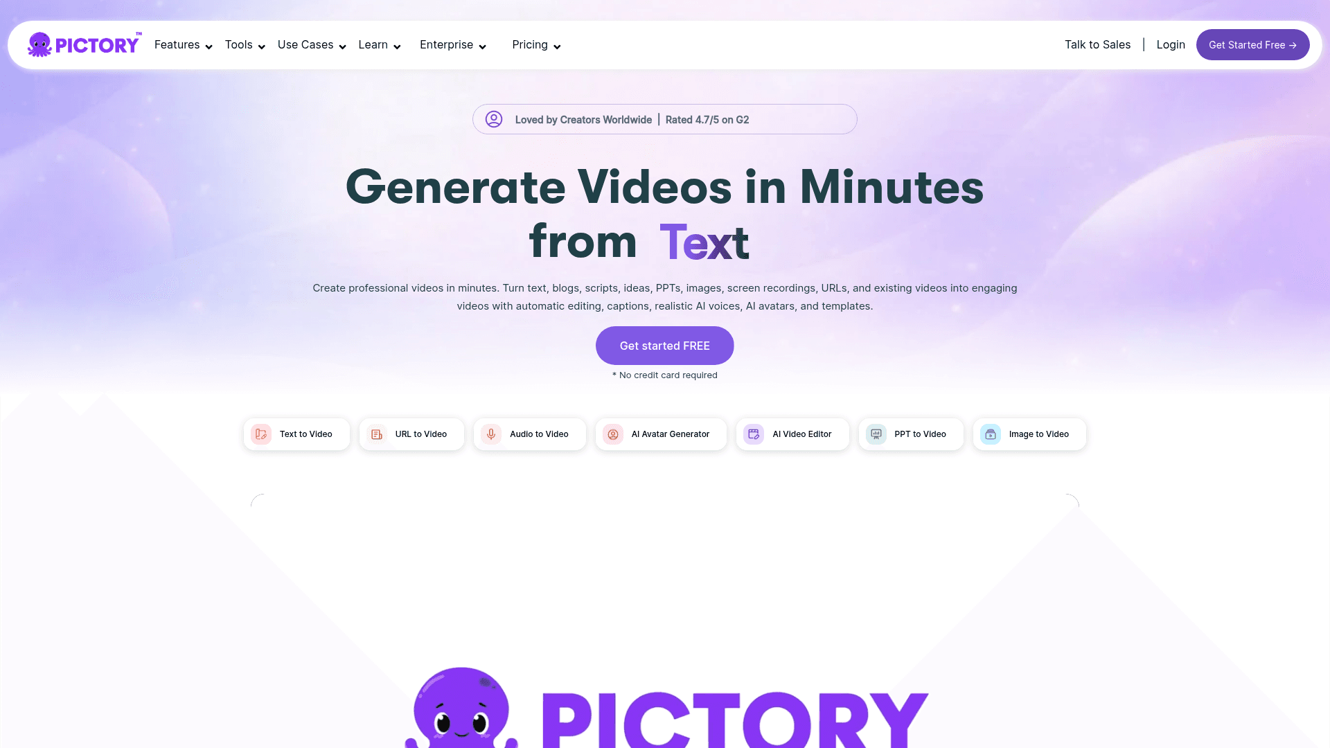 Interface Pictory, Geração de Vídeos com IA em Minutos, exibindo funcionalidades