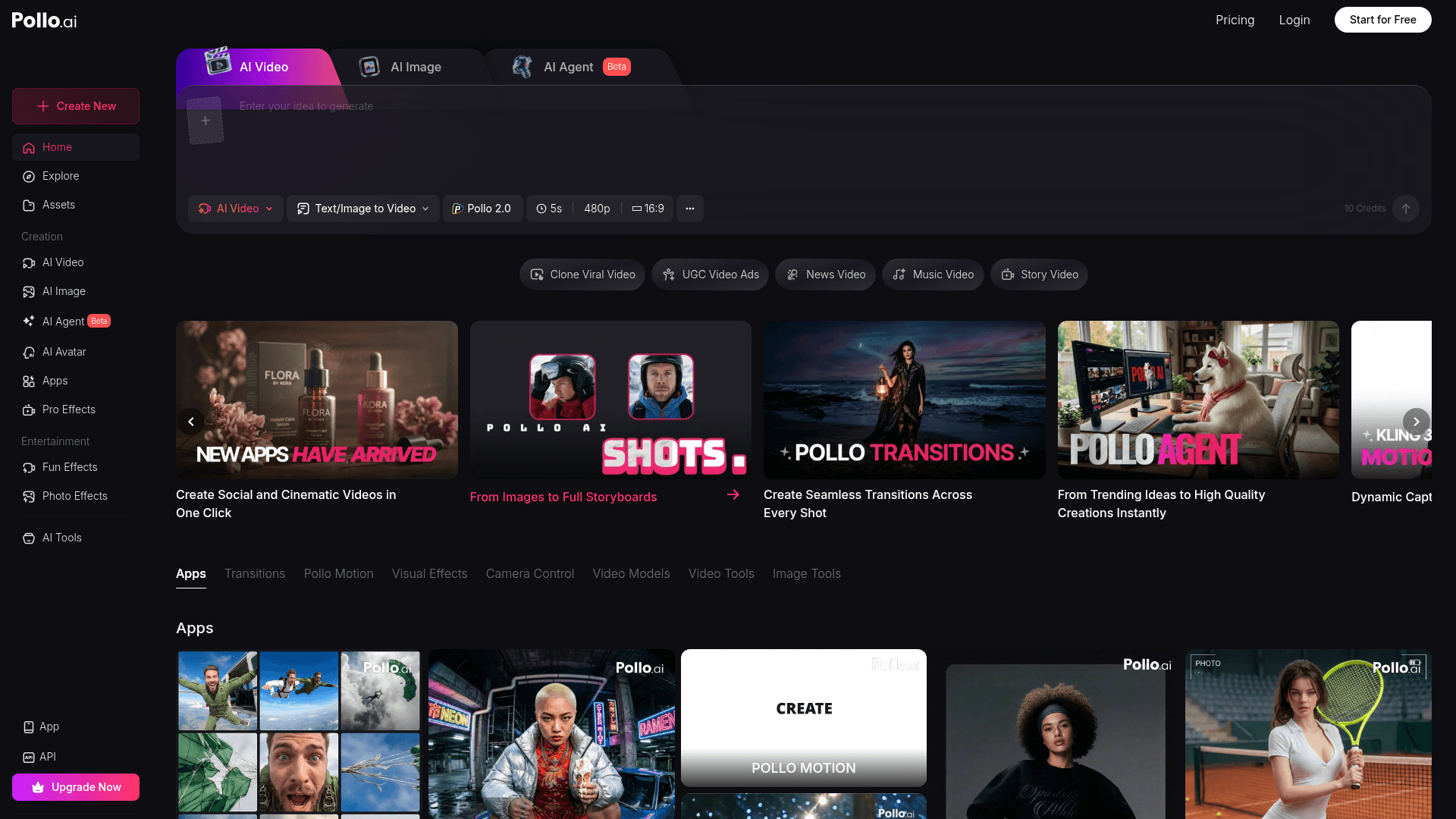 Interface Pollo AI, Gerador de Vídeo com Áudio Integrado, exibindo funcionalidades