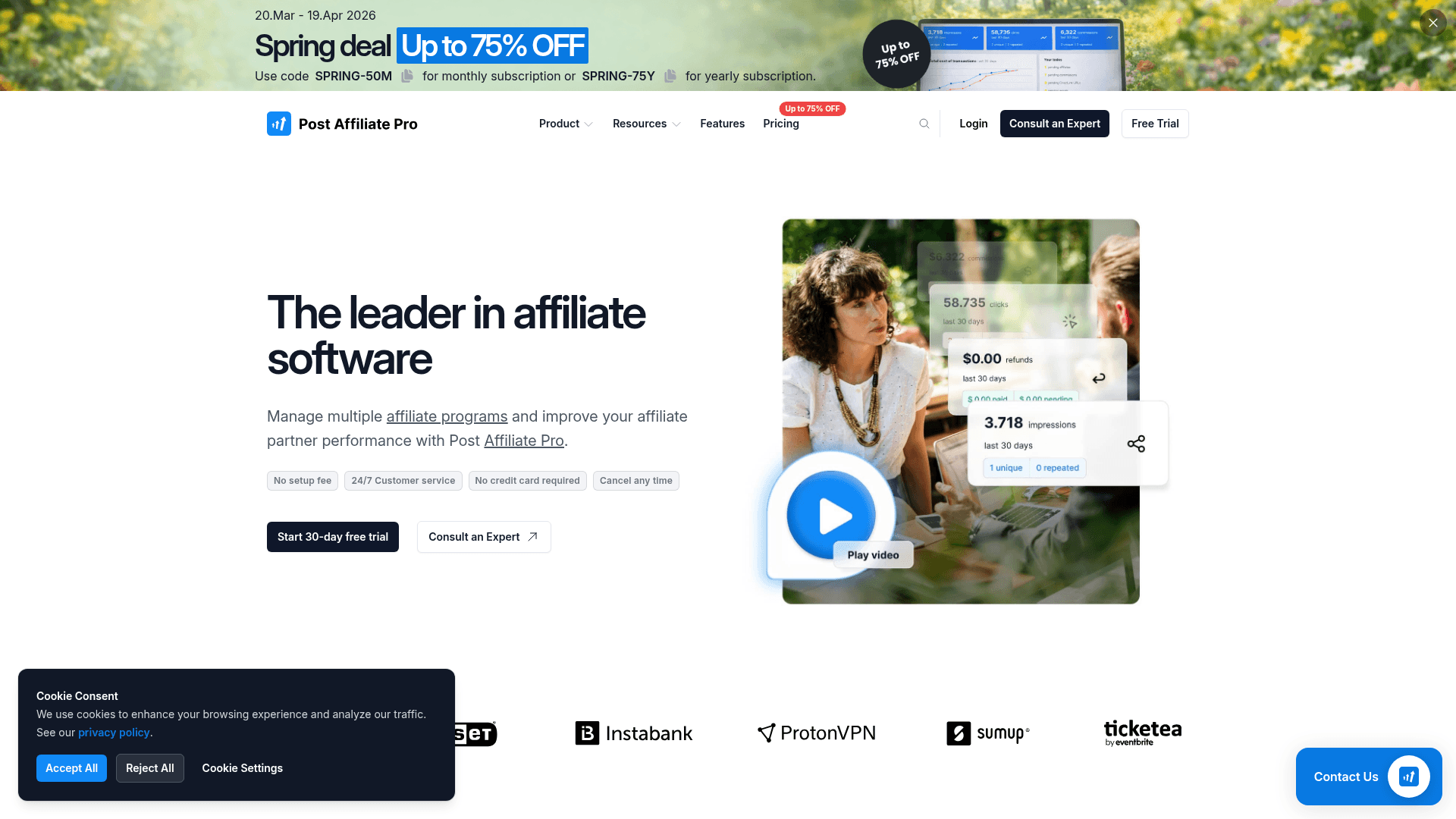 Interface Post Affiliate Pro, Software líder para Afiliados, exibindo funcionalidades
