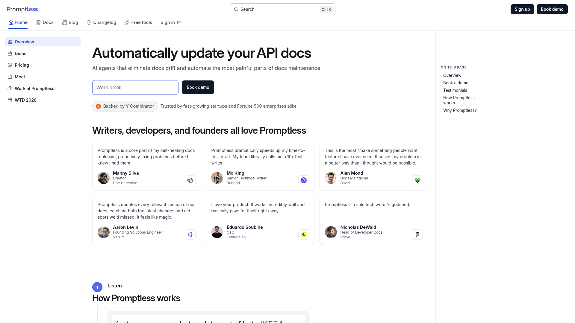 Interface Promptless, Automação Inteligente para Documentação, exibindo funcionalidades