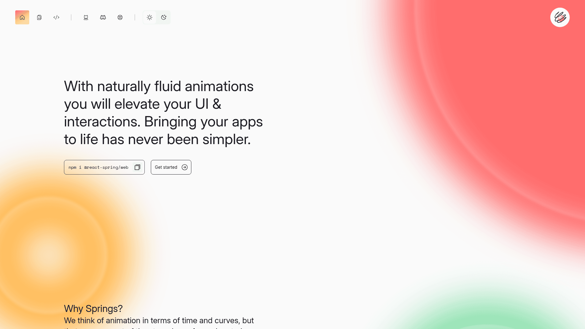 Interface react-spring, Animações Fluidas e Performáticas para React, exibindo funcionalidades