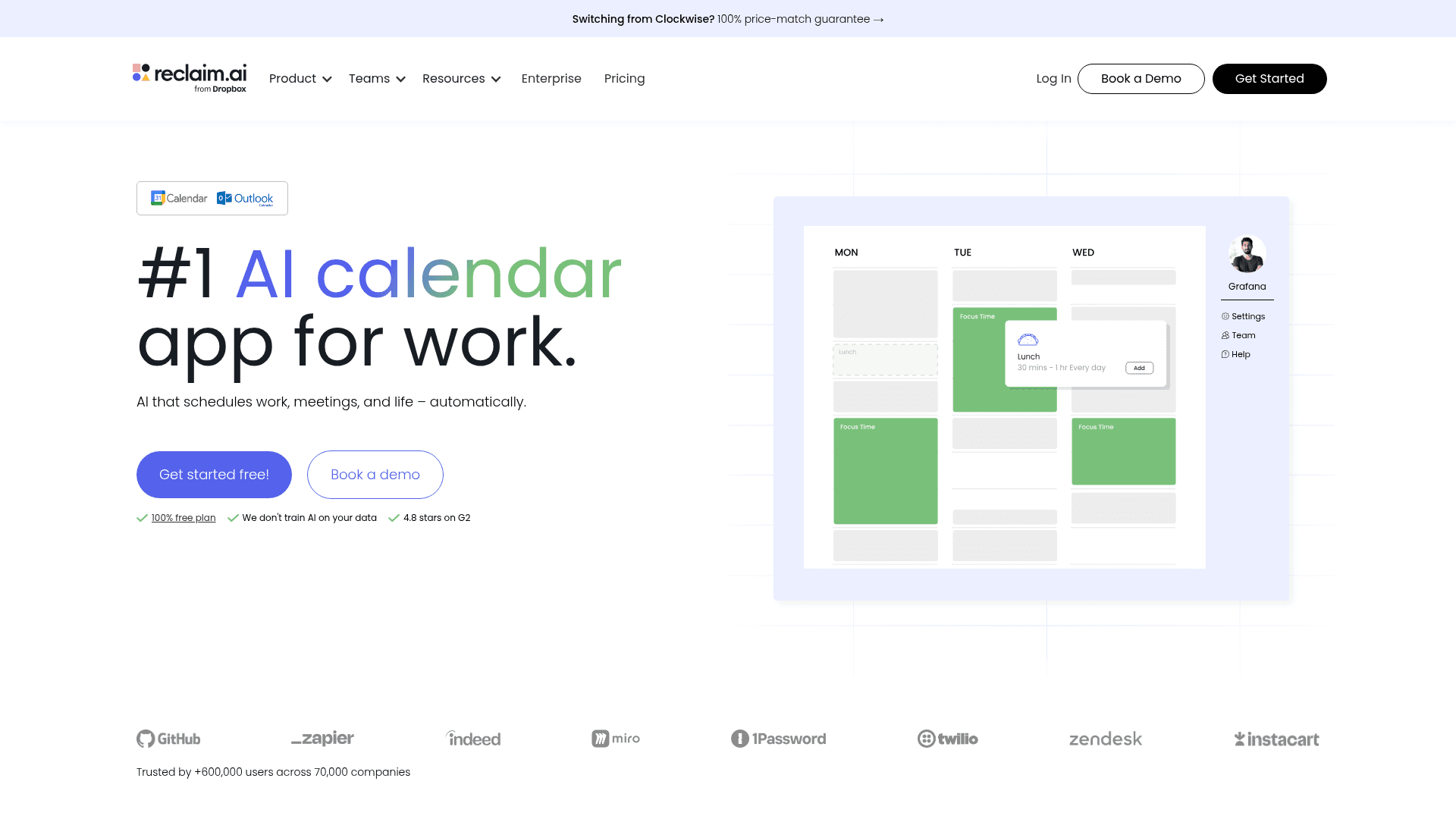 Interface Reclaim.ai, Organizador de Calendário Inteligente com IA, exibindo funcionalidades