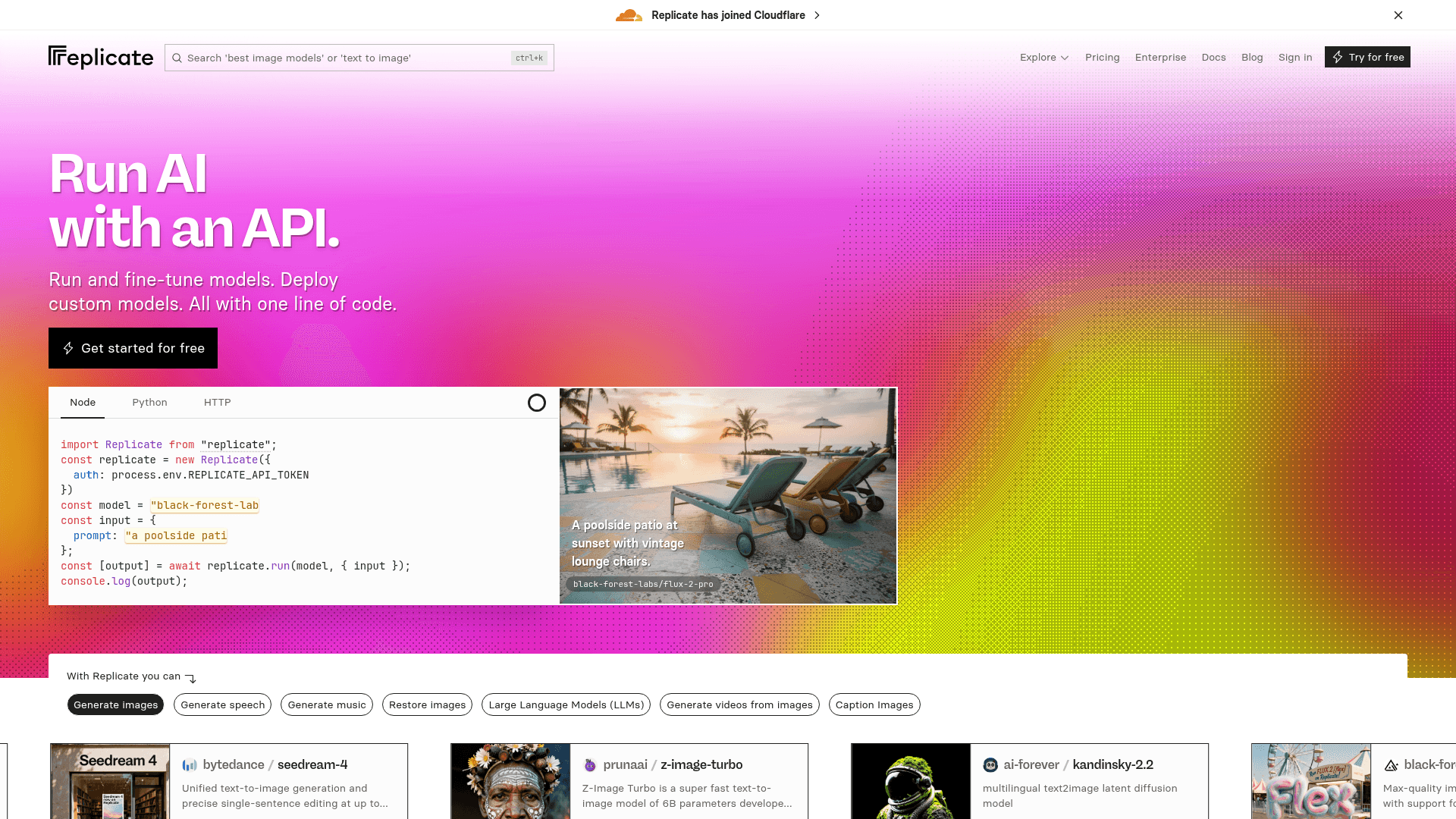 Interface Replicate, Modelos de IA Executados e Ajustados com API, exibindo funcionalidades