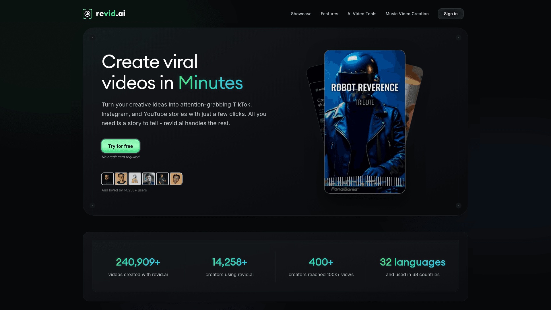 Interface revid.ai, Crie Vídeos Virais em Minutos, exibindo funcionalidades