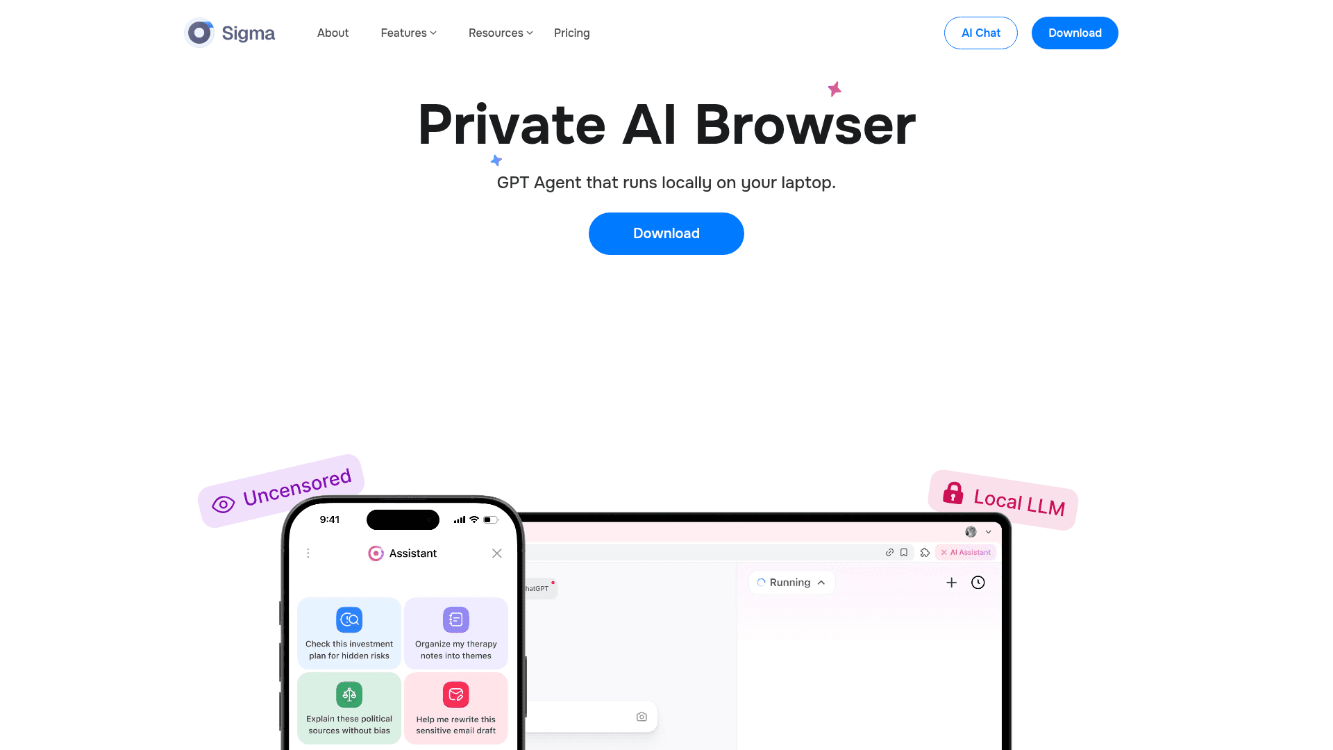 Interface Sigma Browser, Navegador de IA Privado, exibindo funcionalidades