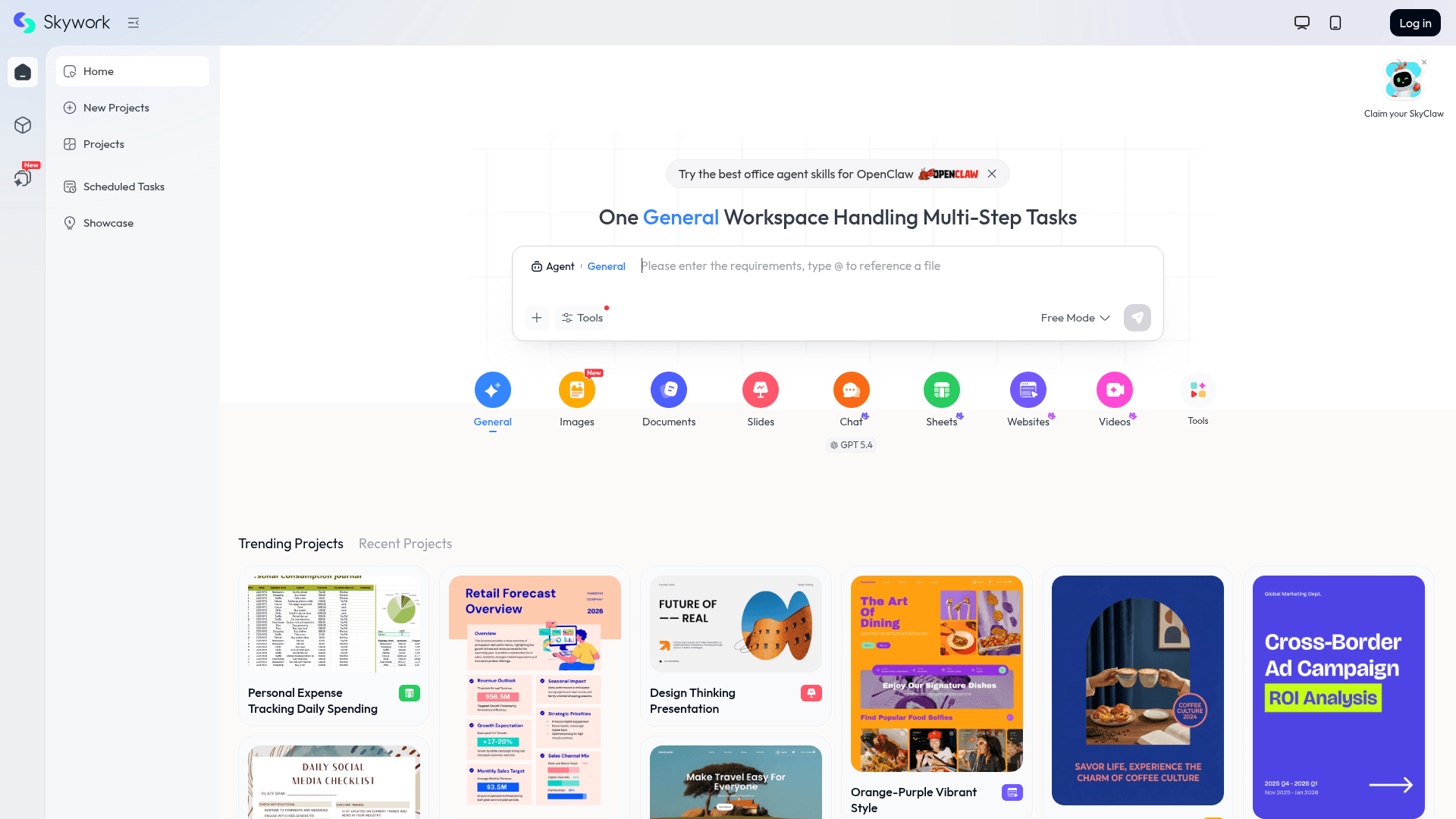 Interface Skywork, Agente de IA para Tarefas de Escritório, exibindo funcionalidades