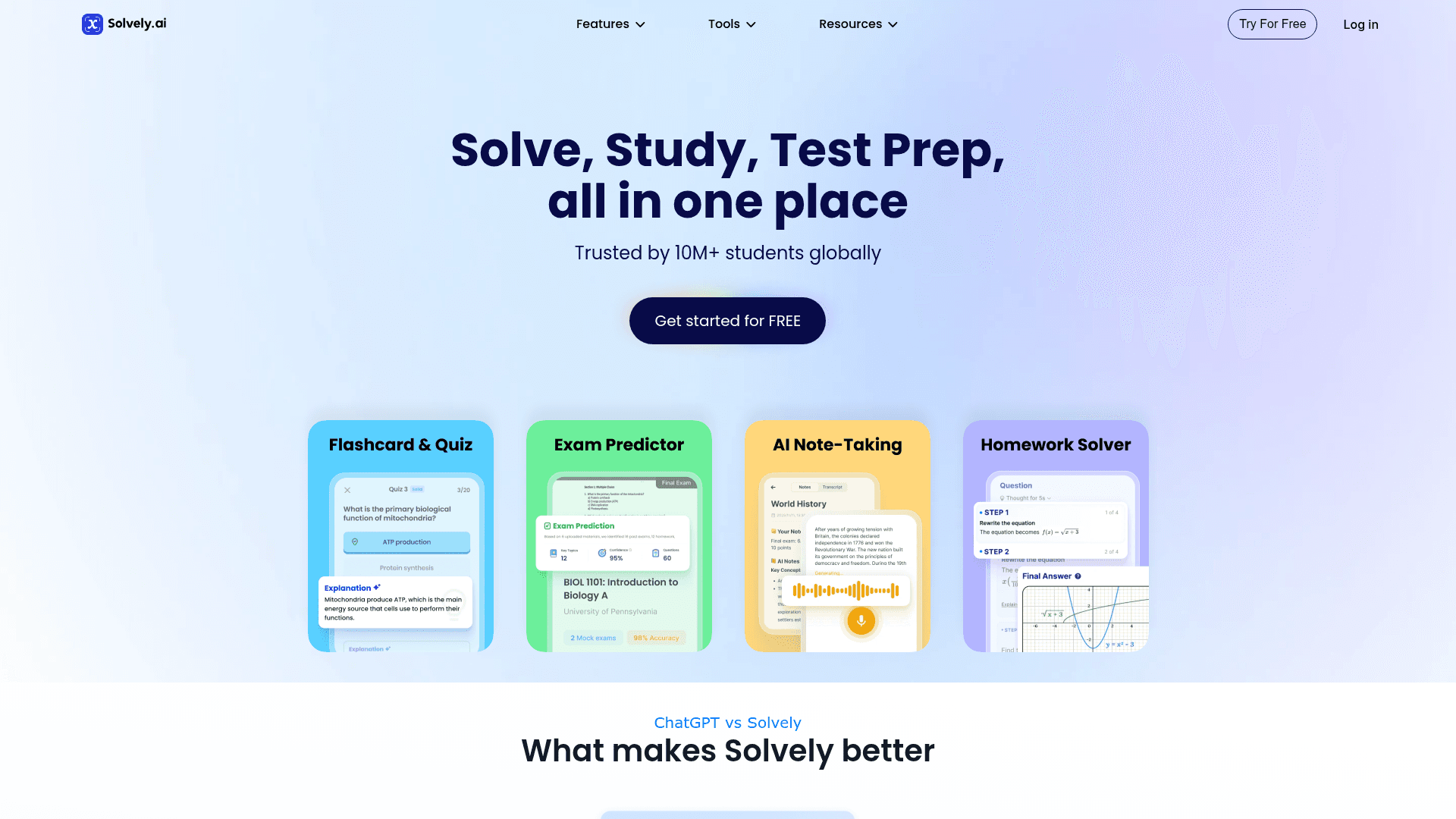 Interface Solvely, Resolva, Estude e Prepare-se em um Só Lugar, exibindo funcionalidades