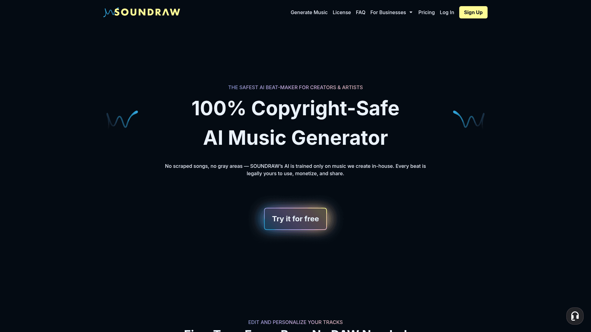 Interface SOUNDRAW, Seu Gerador de Música com I.A. 100% Livre de Direitos Autorais, exibindo funcionalidades