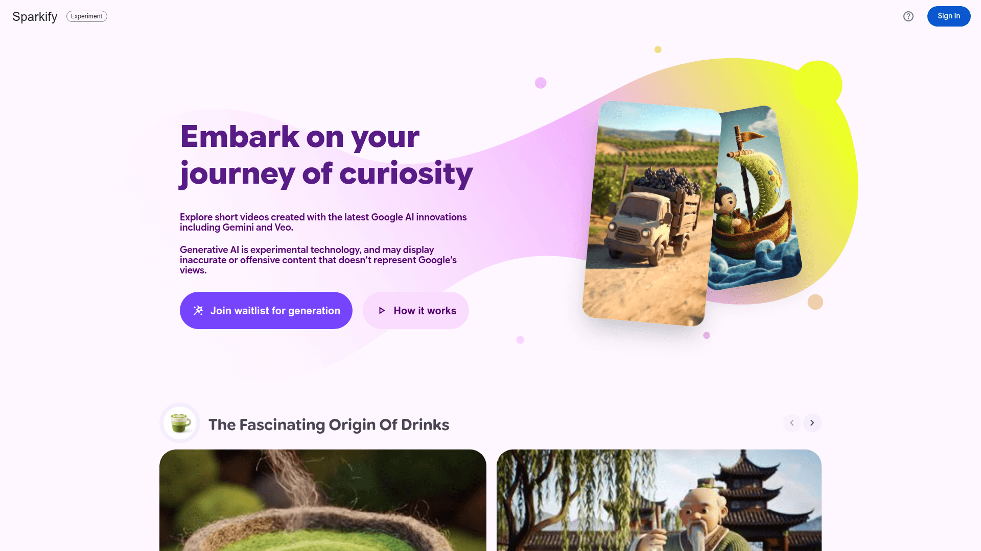 Interface Sparkify, Explore vídeos curtos com IA do Google, exibindo funcionalidades