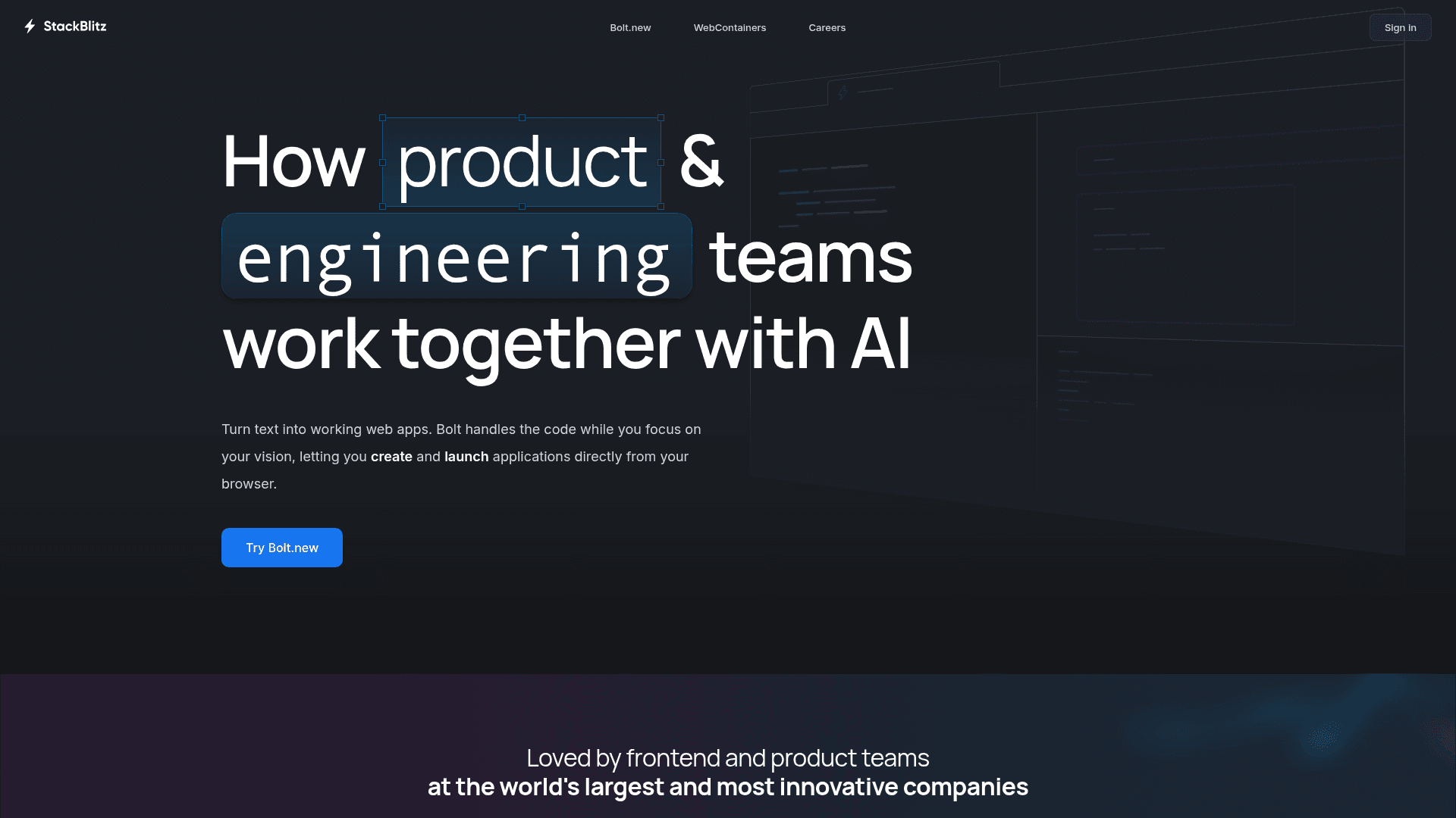 Interface StackBlitz, Desenvolva Apps Web com IA no Navegador, exibindo funcionalidades