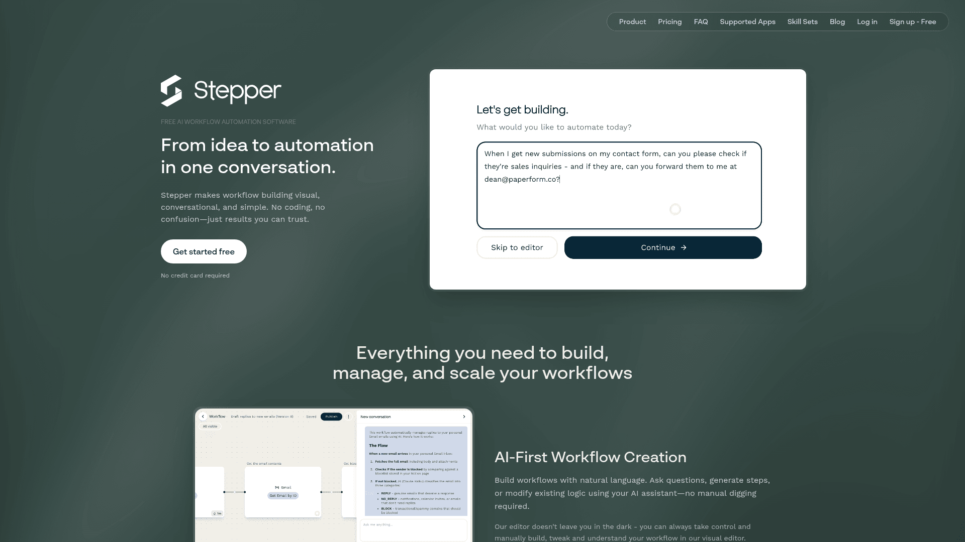 Interface Stepper, Software Gratuito de Automação de Fluxo de Trabalho com IA, exibindo funcionalidades