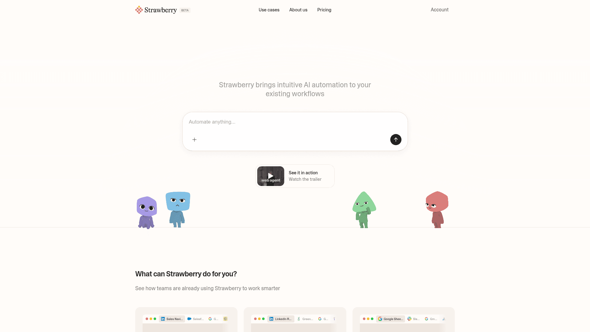 Interface Strawberry, O Navegador com Piloto Automático para Fluxos de Trabalho, exibindo funcionalidades