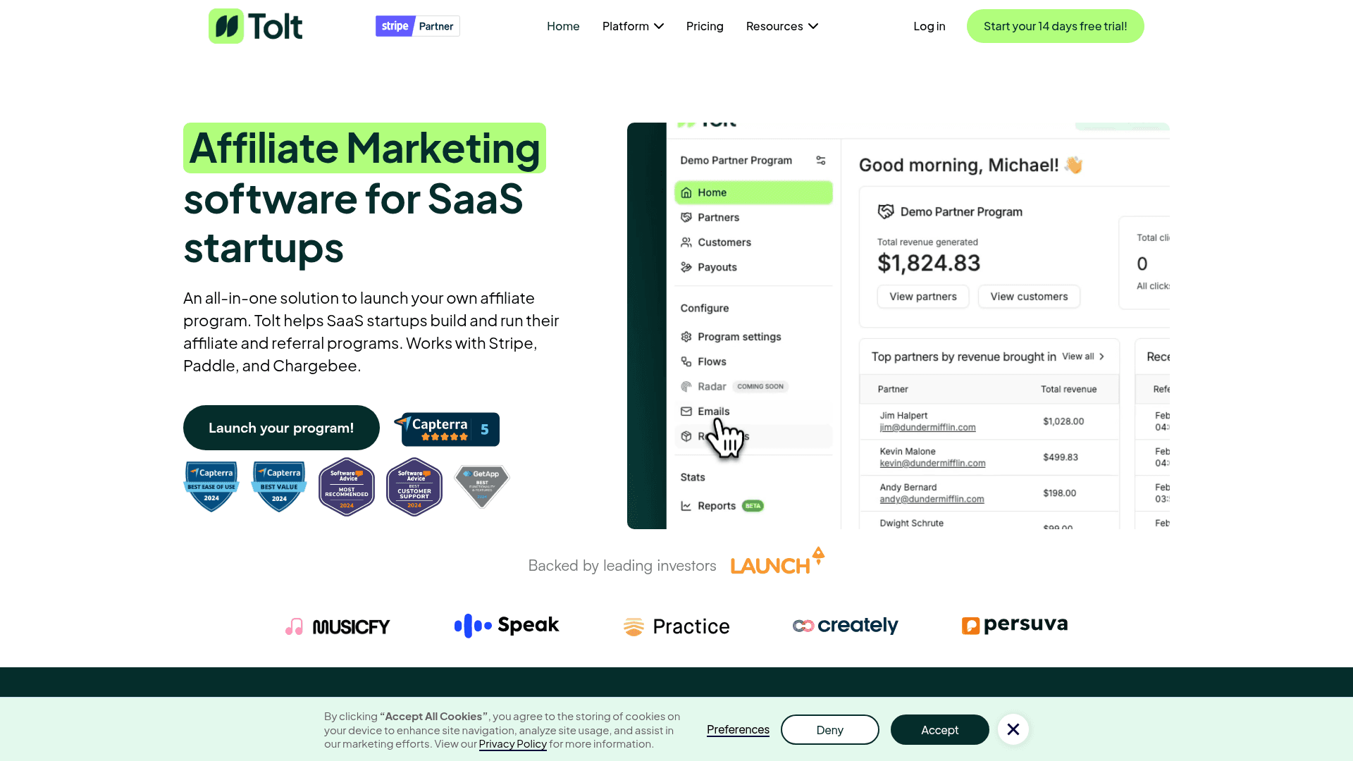 Interface Tolt, Software de Marketing de Afiliados para SaaS, exibindo funcionalidades