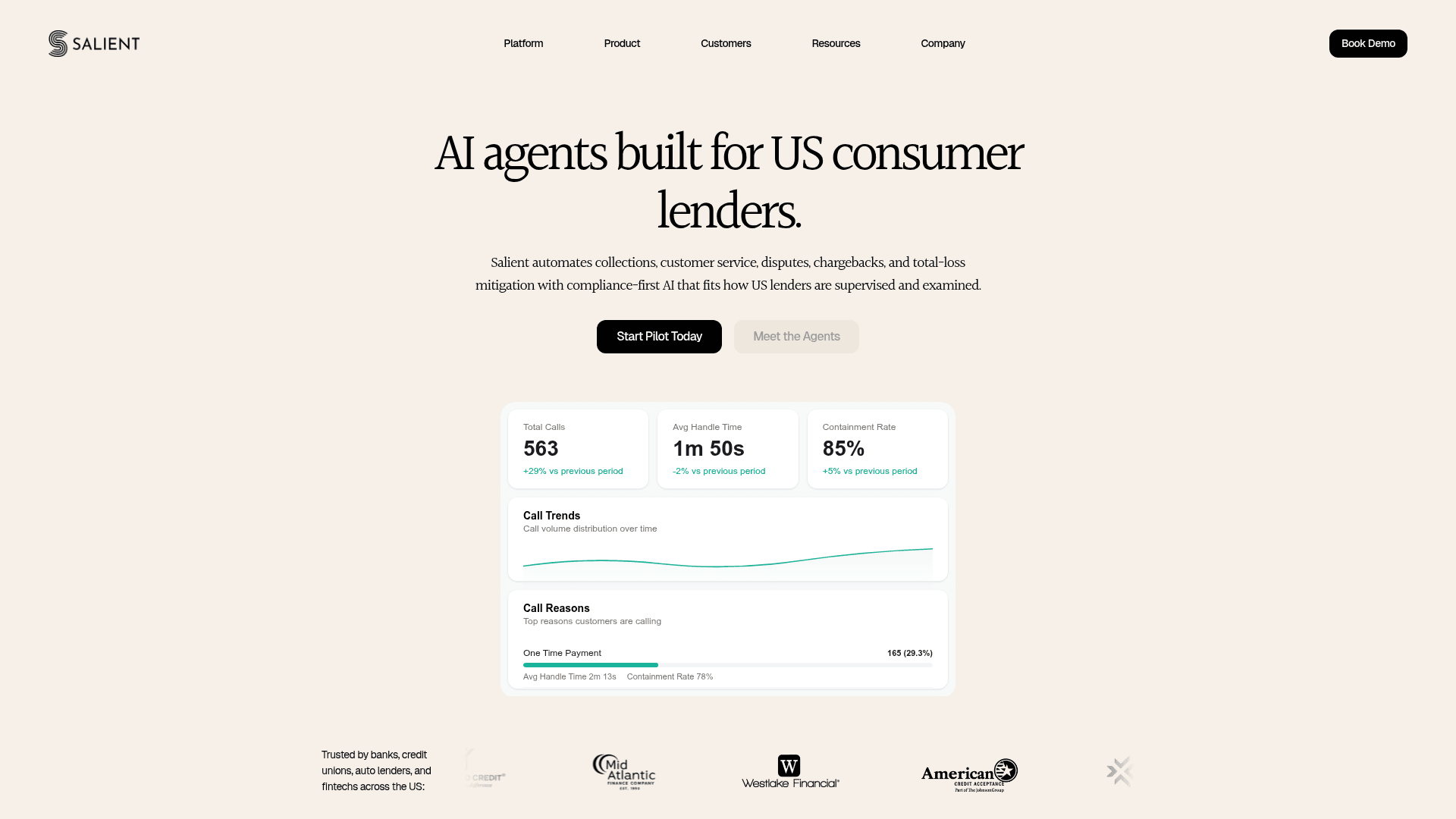 Interface Salient, Agentes de IA para Empréstimos ao Consumidor, exibindo funcionalidades