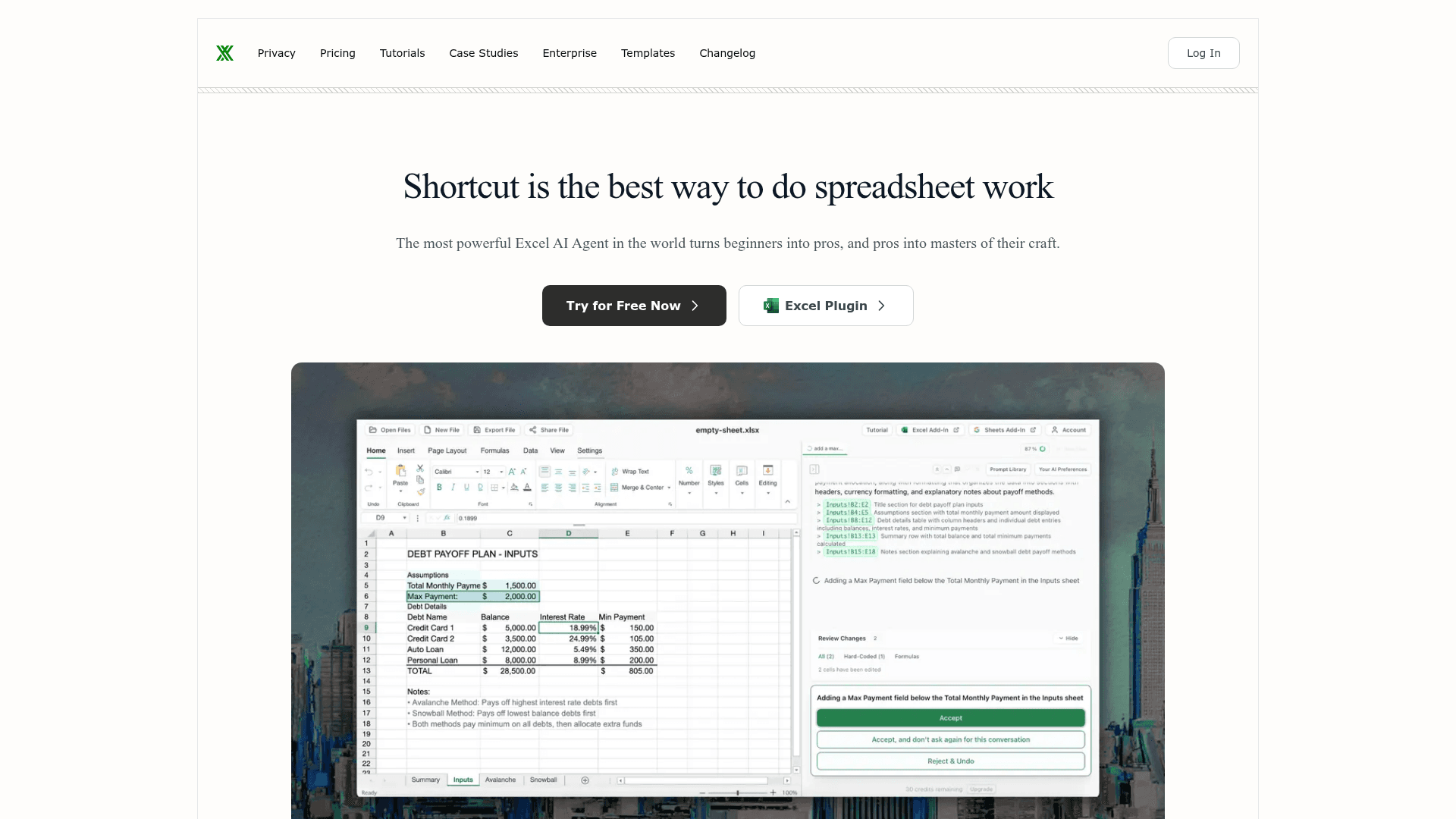 Interface Shortcut, O Agente de IA para Planilhas Excel Perfeito, exibindo funcionalidades