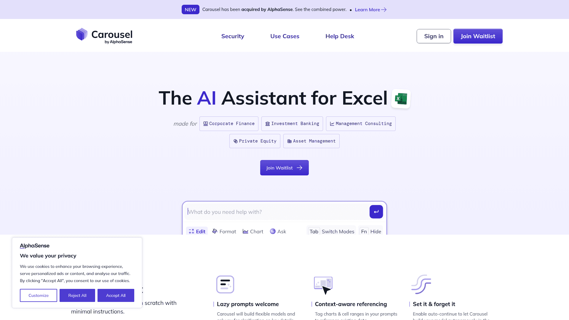 Interface Carousel, O Assistente de IA para Excel, exibindo funcionalidades
