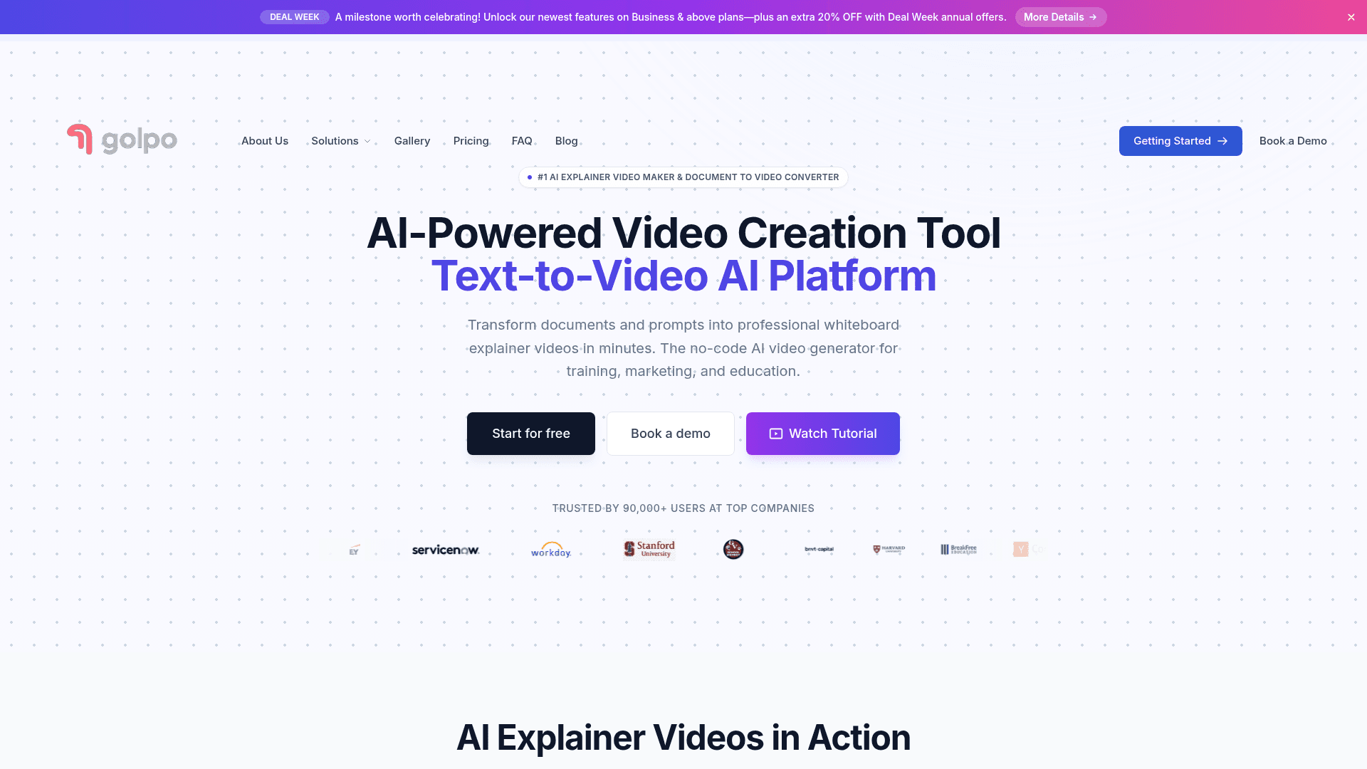 Interface GolpoAI, Crie Vídeos Explicativos com IA, exibindo funcionalidades