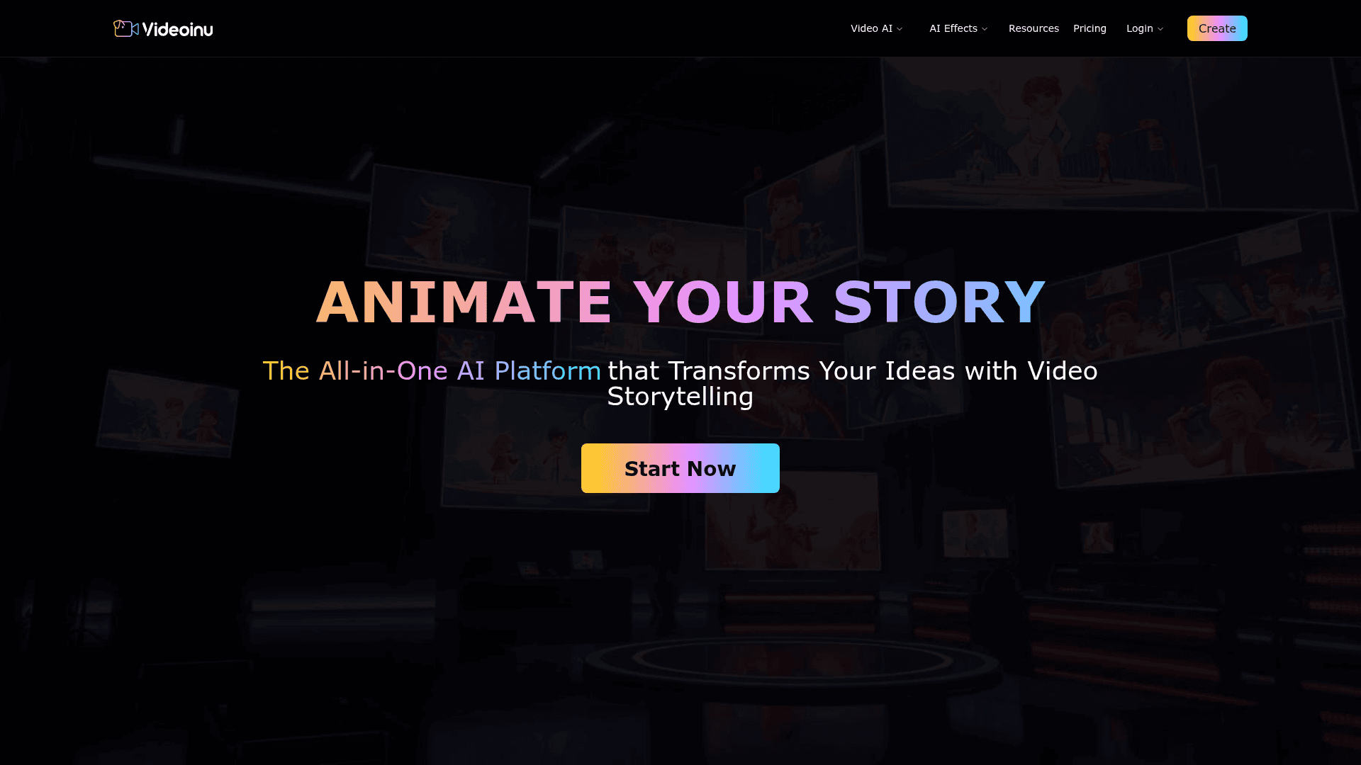 Interface Videoinu, Animate sua História com IA, exibindo funcionalidades