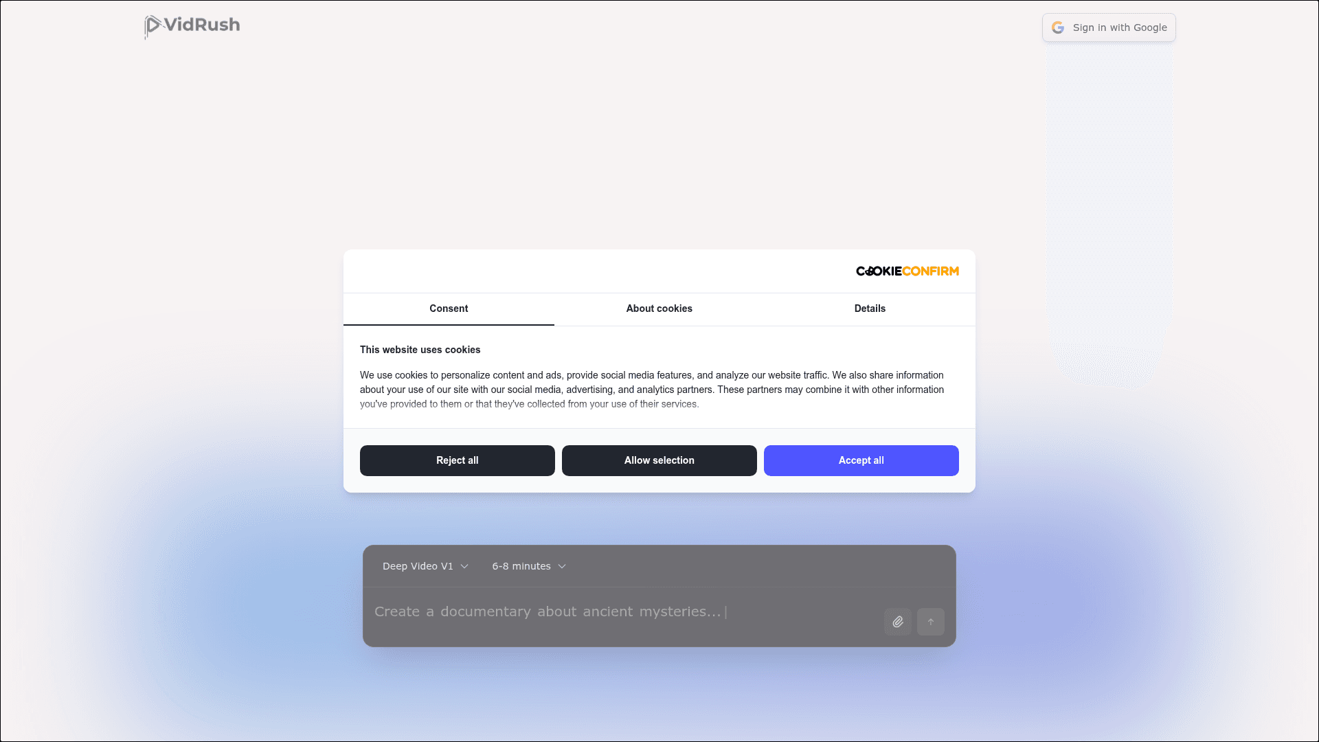 Interface Vidrush, Transforme Ideias em Vídeos Longos com IA, exibindo funcionalidades