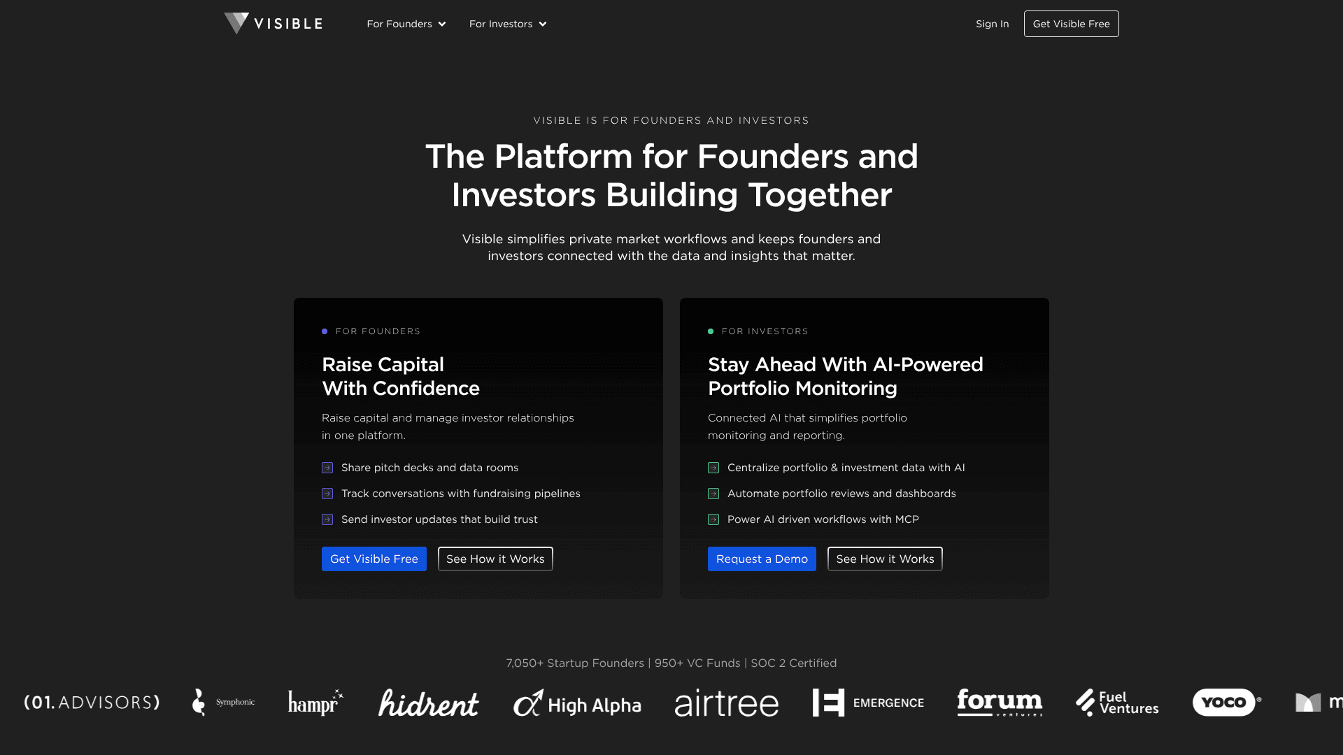 Interface Visible, Plataforma Para Fundadores e Investidores, exibindo funcionalidades