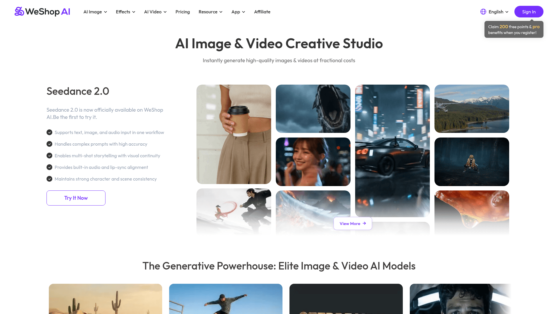 Interface WeShop AI E-commerce, Estúdio Criativo de Imagem e Vídeo com IA, exibindo funcionalidades